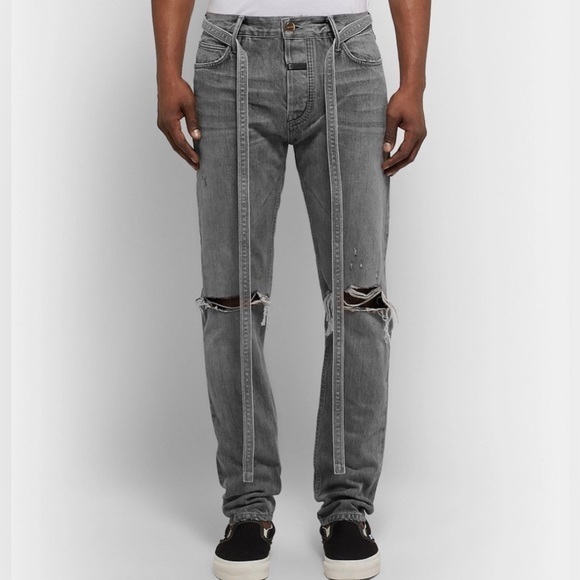Fear of God - Slim-Fit Belted Distressed Selvedge Denim Jeans - Gray - Picture 2 of 14